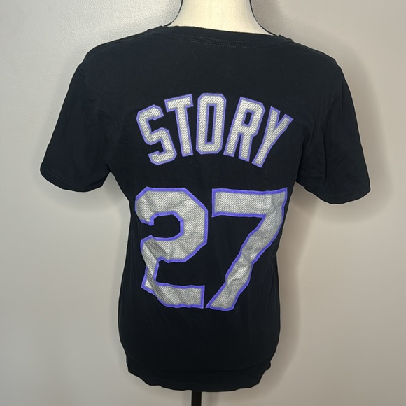 ***Majestic Unisex Black/Purple Colorado Rockies #27 Short Sleeve TShirt Sz S - Picture 3 of 4